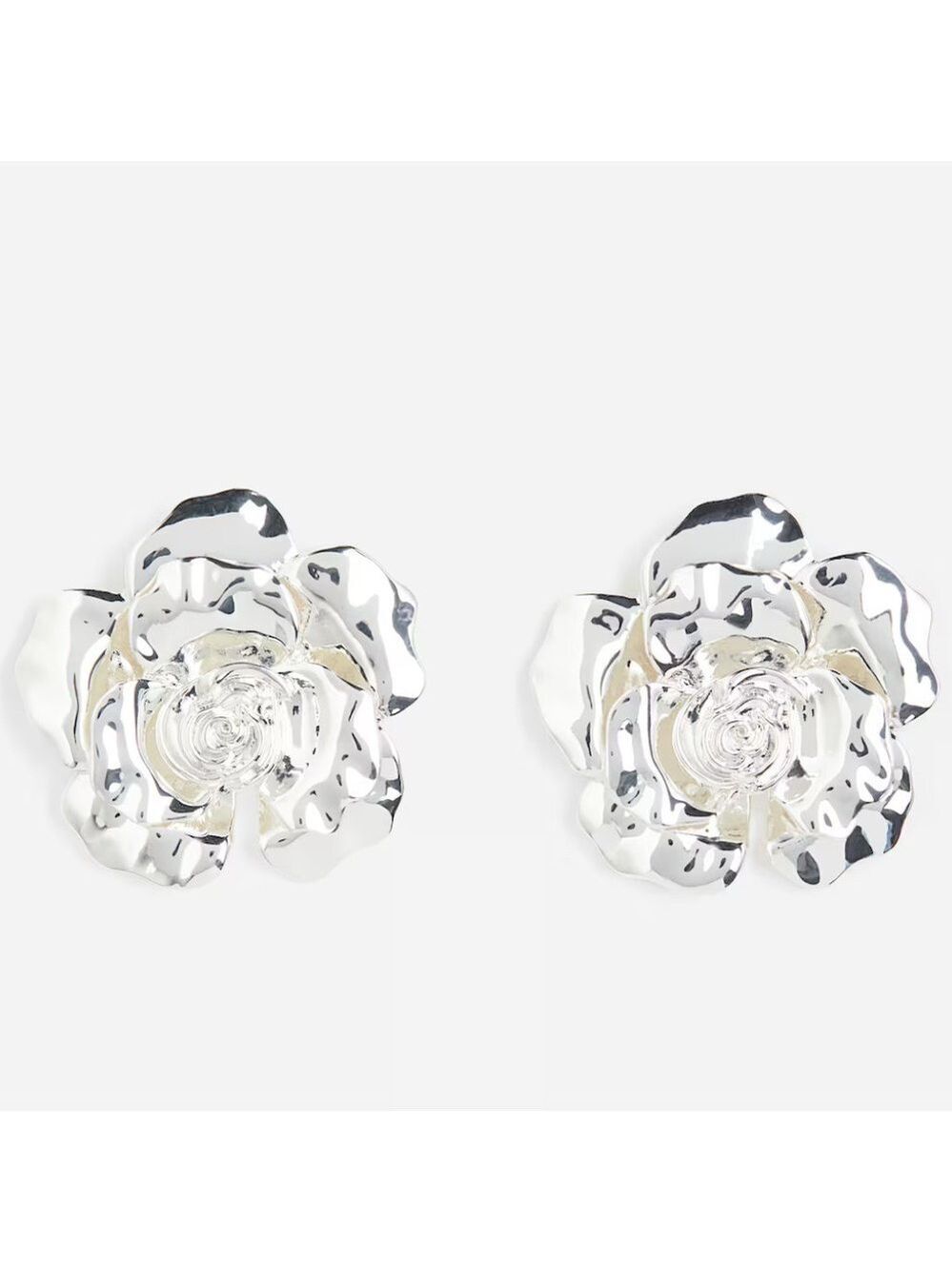 H&M Silver Metallic Rose Bloom Flower Shaped Stud Earrings